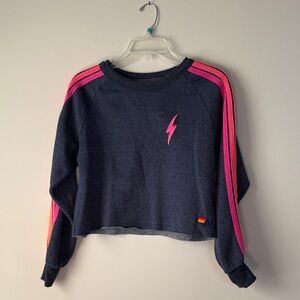 Aviator Nation Navy Sweatshirt with Pink and Orange Stripes